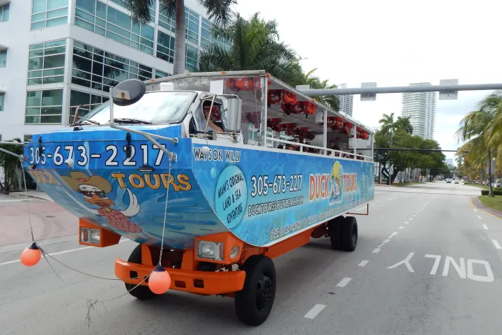 duck tours south beach boat on the road